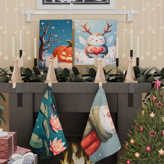 Set of four 45.72X66.04 cm holiday-themed kitchen towels featuring reindeer, elk, Christmas trees, Santa Claus, and casnh design.