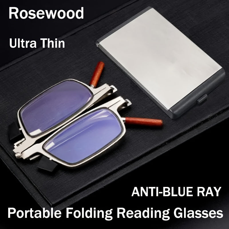 Rectangular full rim reading glasses with anti-blue light lenses, metal frame with mirror coating, and portable folding design for men and women.