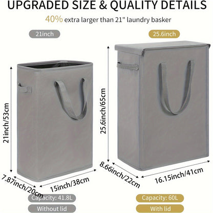 Upgrade your laundry organization with this classic fabric laundry basket featuring a 60L capacity, lid, handle, and upgraded folding design. This collapsible dirty clothes hamper is narrow and portable, making it the perfect storage organizer for