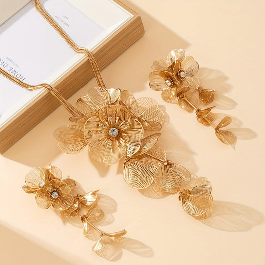 Stylish Flower Y-Necklace Set with Tassel Earrings, Elegant Boho Chic Design, 14K Gold Plated Copper with Glass Details, Perfect for Parties and Vacations - Versatile for Any Season