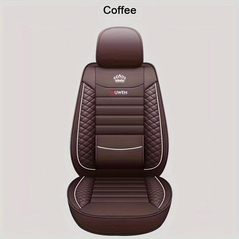 All-season faux leather car seat cushion cover with fixed lumbar support for universal front single seat fit.