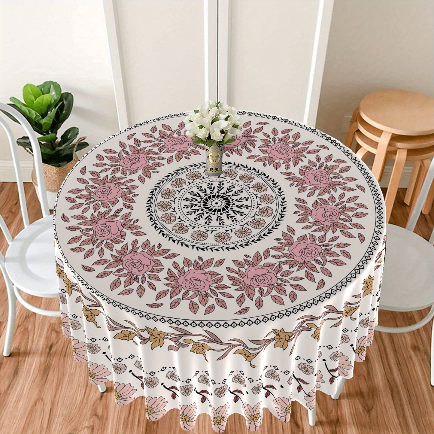 1pc Bright Large Flower Pattern Round Table Cloth for Dining and Decor