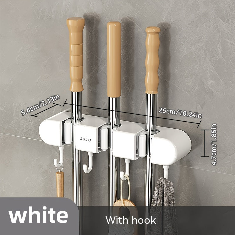 1pc Wall-Mounted Mop Hook with 3/4 Slots, No-Drill Plastic Storage Rack for Bathroom and Balcony.