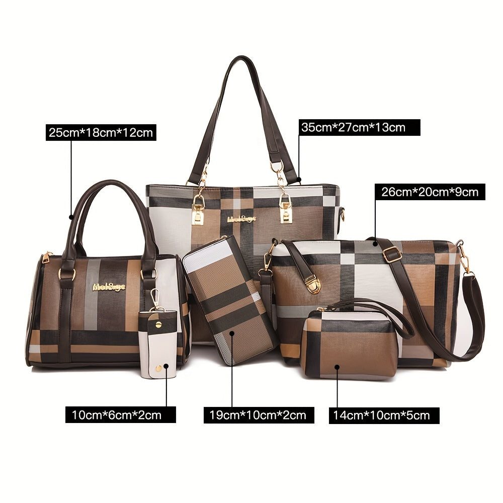 Checkered 6-piece fashion handbag set includes faux leather tote, crossbody, and shoulder bags with a simple versatile design for women.