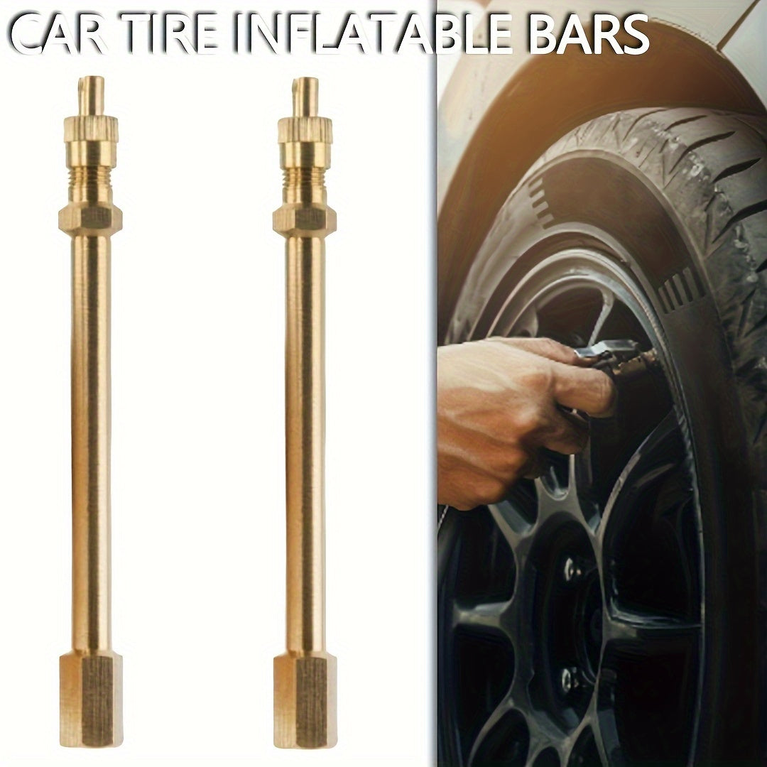 Two pieces of Golden Copper Tire Valve Extension Stems, suitable for use on cars, trucks, vans, RVs, and SUVs.