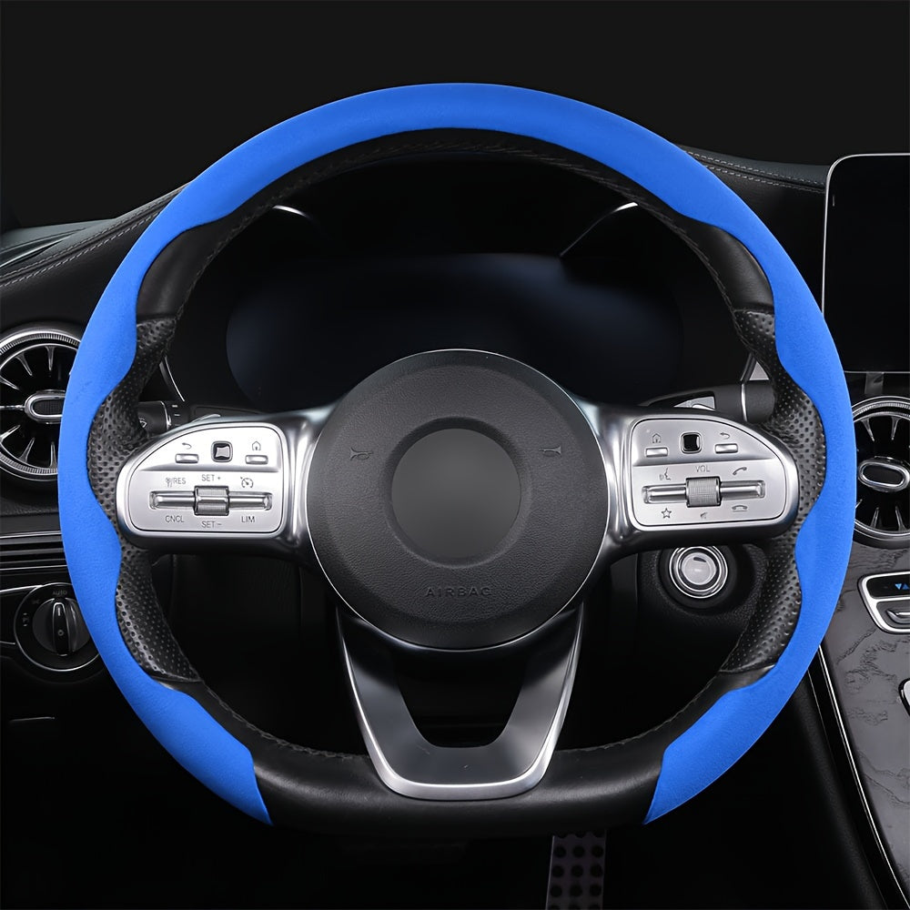 Non-slip, universal steering wheel cover with sweat-absorbing buckle for cars.