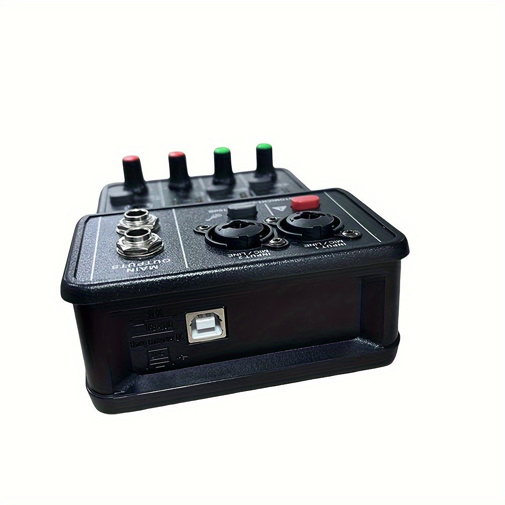 One black USB audio interface mixer with XLR inputs, phantom power, microphone jack, condenser mic support, and computer recording capabilities.