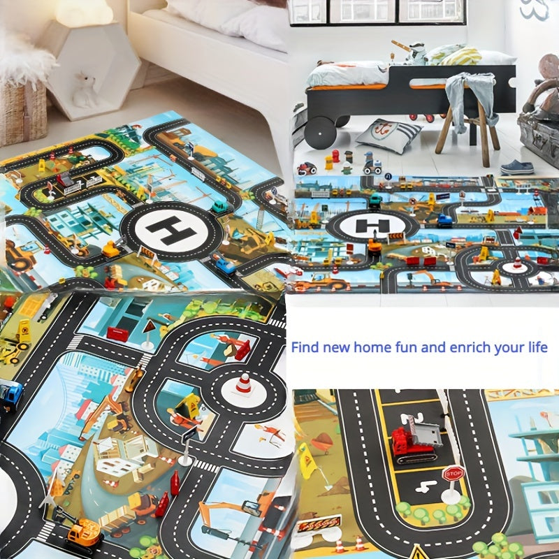 City construction and traffic play mat with mixed colors, includes toy and doll set for youngsters.