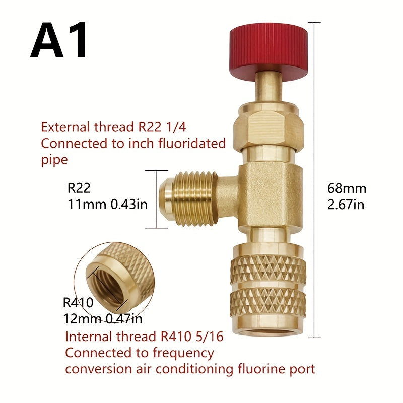 Refrigeration charging adapter for R410A and R22 air conditioning systems, compatible with 1/4" liquid safety valve hose and R22 copper adapter. Essential hand tool parts for maintenance, including refrigerant vacuum switch and R22 detection tool.