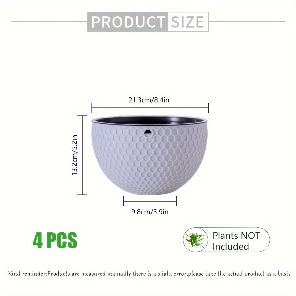 Durable 4-pack plastic hanging flower pots with drainage holes, chain hook, and honeycomb pattern. Suitable for indoor and outdoor use, no electricity needed.