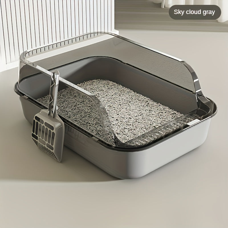 Enclosed medium-sized cat litter box with scoop made of durable plastic. Features include square design, high edges, and splash guard for easy cleaning. Supports up to 5.44 KG cats.