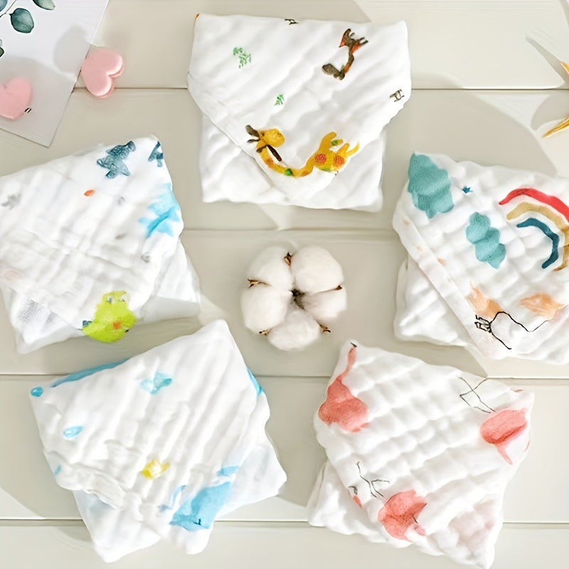 Soft and absorbent kids washcloths set of 5 featuring cute printed square towels. These towels are lightweight and gentle on the skin, perfect for youngsters.