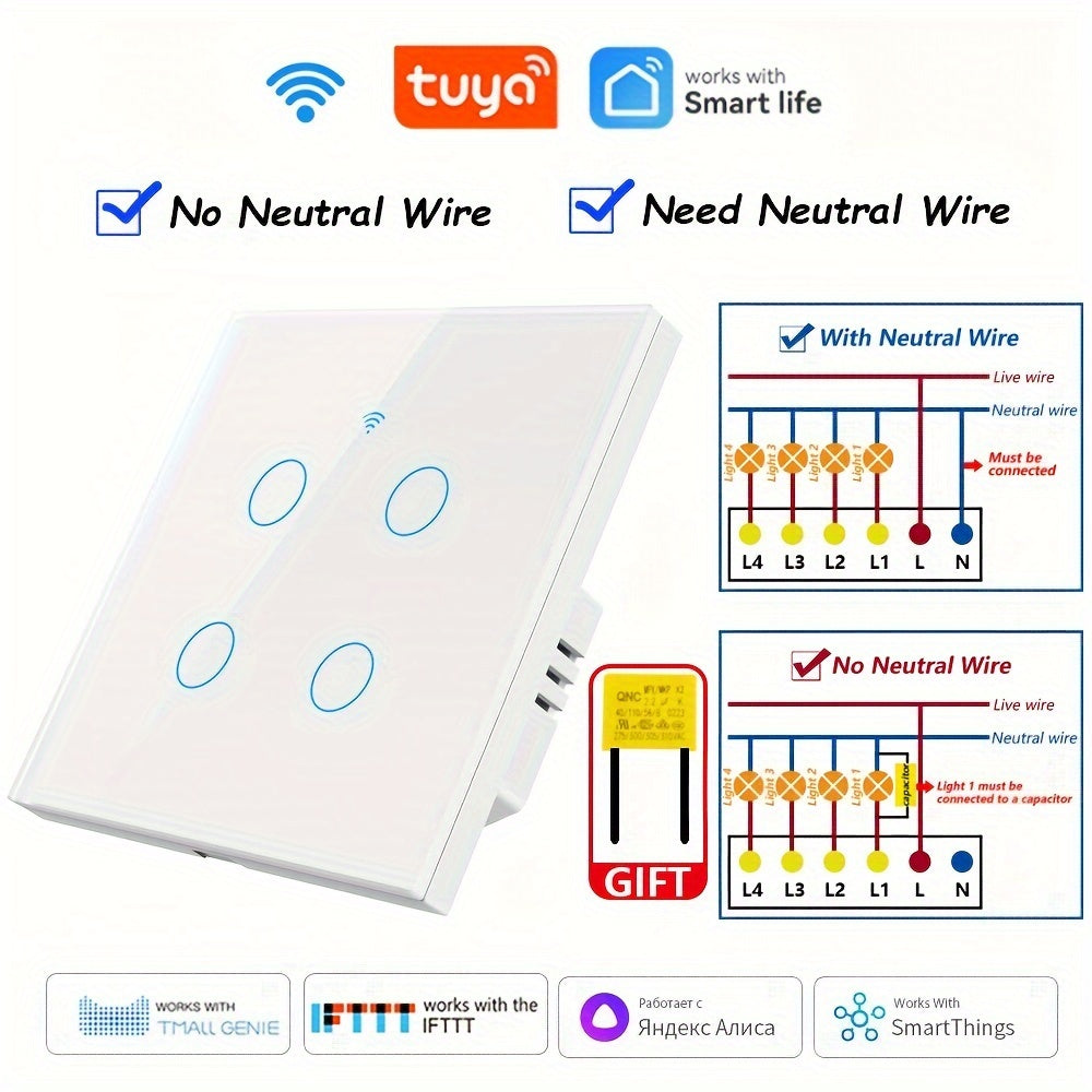 Chevolink WiFi Smart Switch with Voice Control, EU Plug, No Neutral Wire Needed, Compatible with Alexa and Google Home, 1/2/3/4 Gang, Tempered Glass Panel