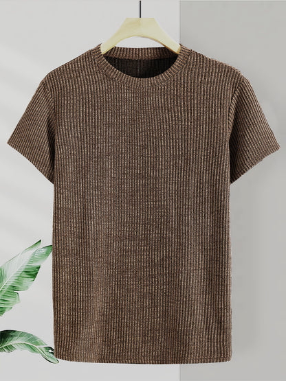 Men's short-sleeve T-shirt with stylish jacquard knit and round neck, suitable for all seasons. High-quality top for men.