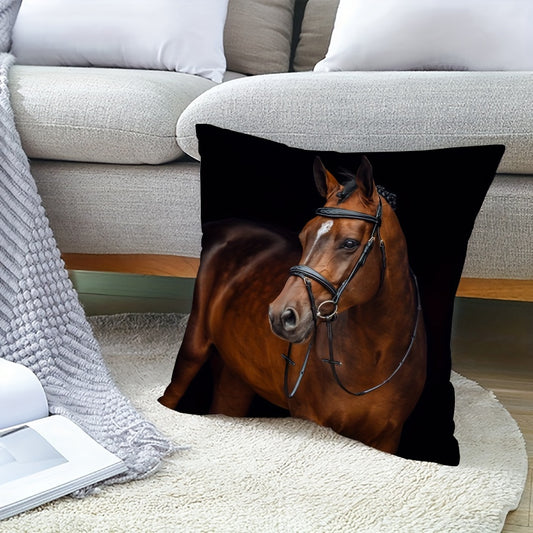 Brown horse with black tack print pillow cover, perfect for horse lovers, machine washable, zipper closure, contemporary style, for home or car decor (insert not included).