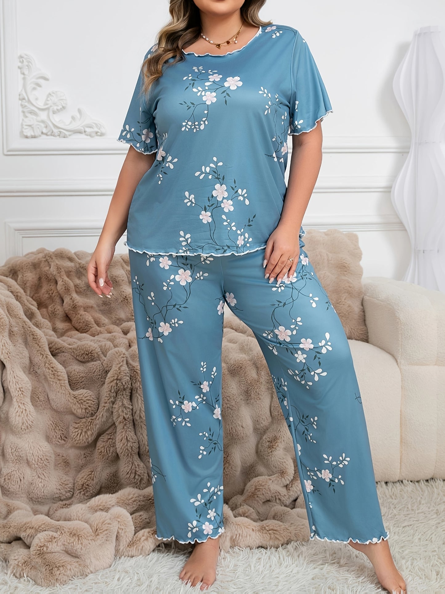 Women's Plus Size Floral Print Pajama Set with Bow Detail - Lightweight design, Short Sleeve & Long Pants, Round Neck, Elastic Waistband, Soft Polyester Blend, Machine Washable.