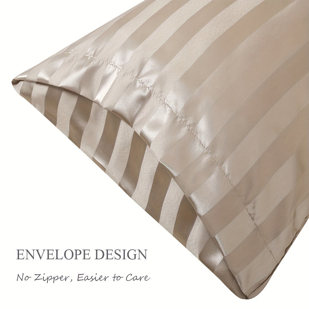 Set of 2 Satin Pillowcases with Envelope Closure, Striped Pattern, Machine Washable, Ultra-Soft Woven Fabric for Hair & Skin, Hotel Quality - 100% Polyester Pillow Covers with No Embellishment