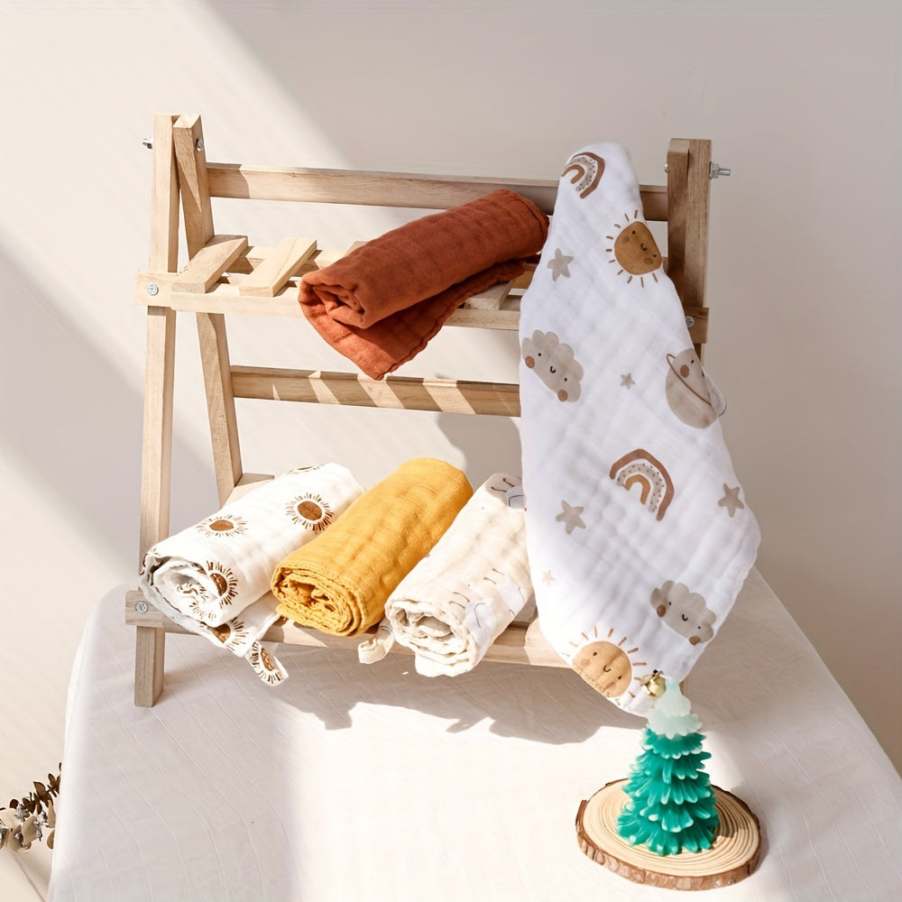 Set of 5 Bamboo Muslin Square Towels featuring adorable prints. These soft, 4-layer face towels can also be used as burp cloths.