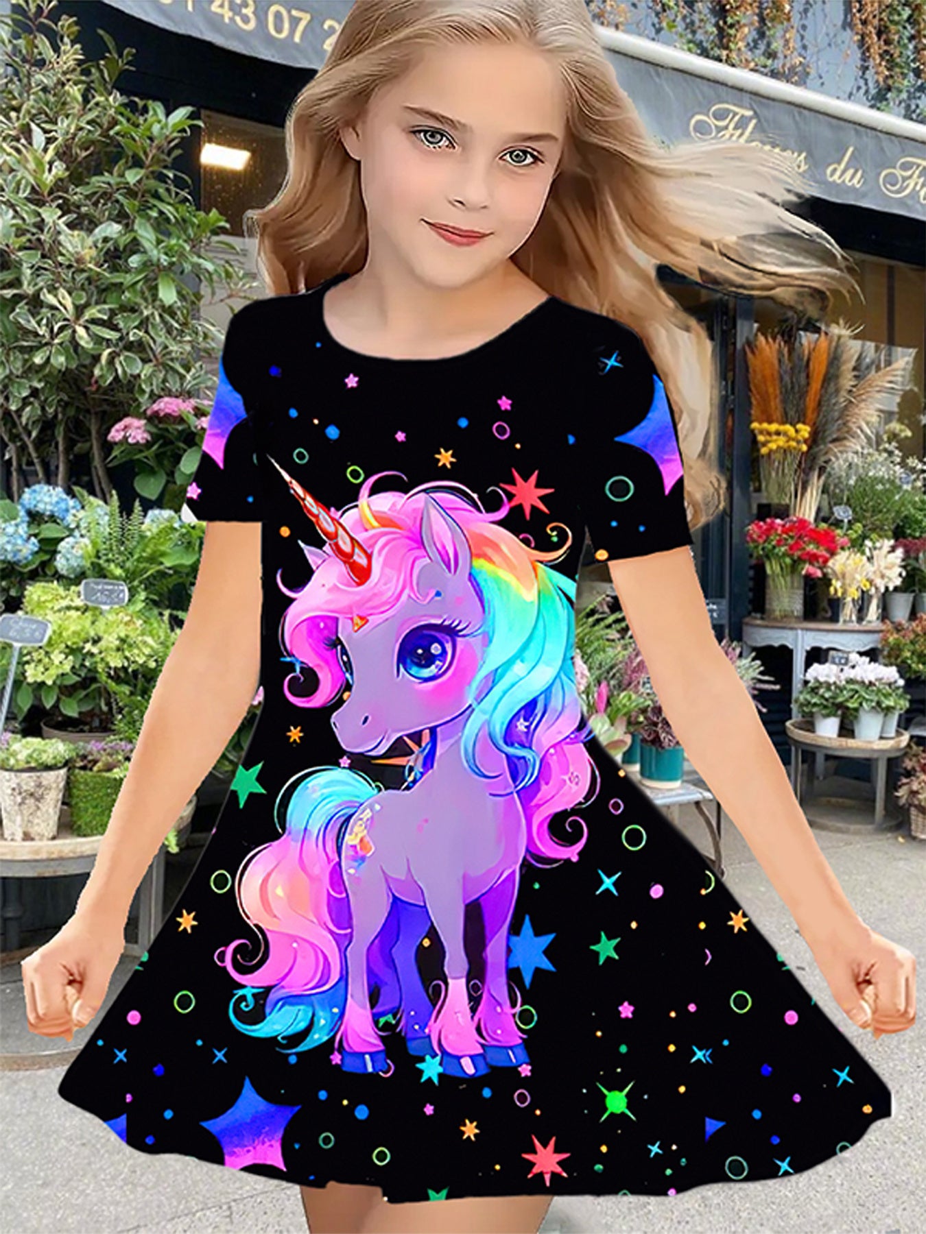 Adorable girls' dress with unicorn and star print, ideal for birthday parties and spring/summer events.