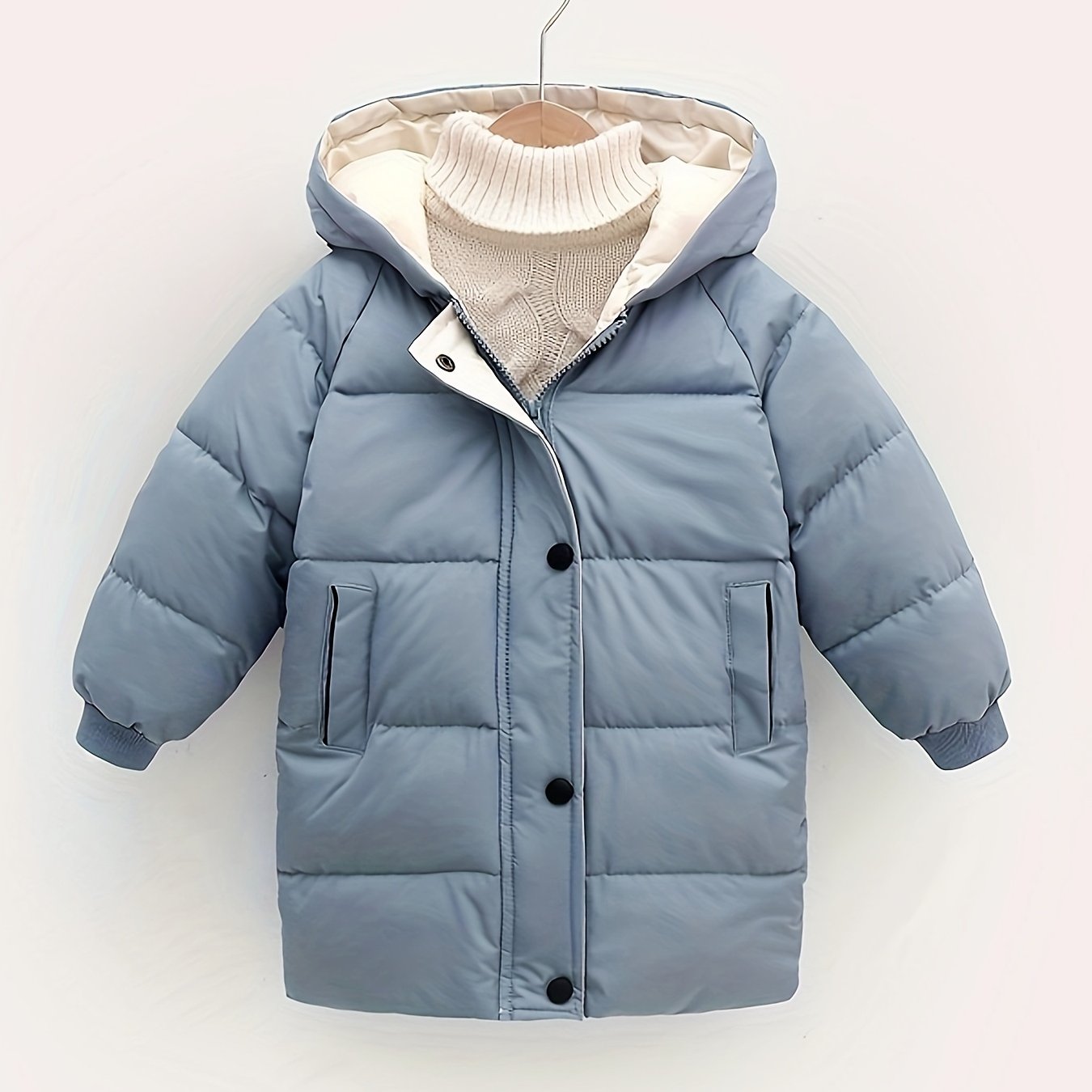 Unisex mid-length hooded padded coat with solid color polyester outerwear, crew neck, long sleeves, and zipper details. Ideal for fall/winter, perfect gift for kids.