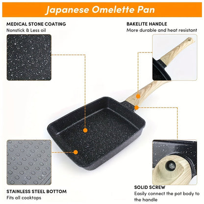 Tamagoyaki Pan: Black square pan for making Japanese omelettes, measuring 14.99 x 18.49cm. Features a non-stick surface, wood handle, and rectangle shape for easy egg rolls and frying. Perfect addition to your kitchenware collection.