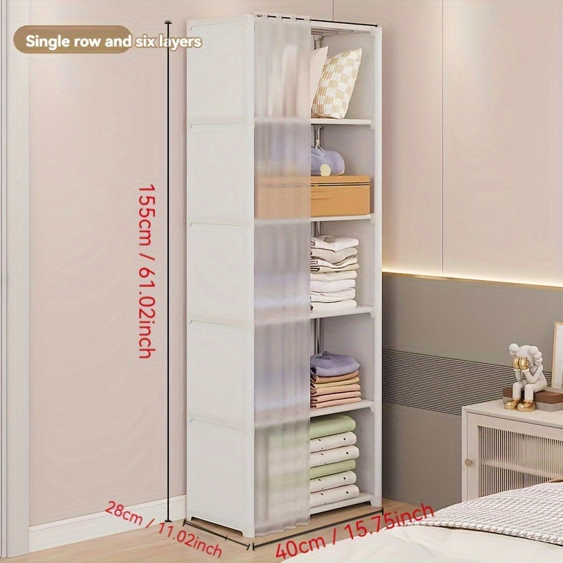 Simple to put together, this multi-layer storage organizer is made of metal and has dustproof shelving. It is perfect for use in bedrooms, classrooms, rentals, and dorm rooms. The freestanding closet system has over 3.2 cubic feet of enclosed storage