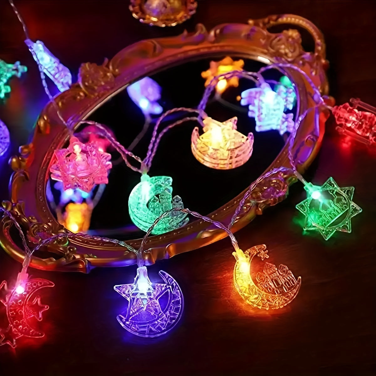 Battery-powered LED string lights designed as decorative palace lanterns featuring stars, moon, and castle design for Middle Eastern festivals and celebrations. Perfect for hanging or