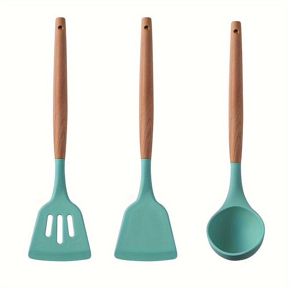 Set of 3 Silicone Kitchen Utensils - Includes Non-Stick, Heat-Resistant Spatulas and Spoons with Wooden Handles for Cooking and Baking