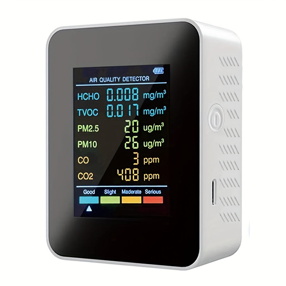 Air quality detector with 6 detection functions: Carbon Dioxide, PM2.5, PM10, HCHO, TVOC, CO. LCD display with Carbon Dioxide sensor.