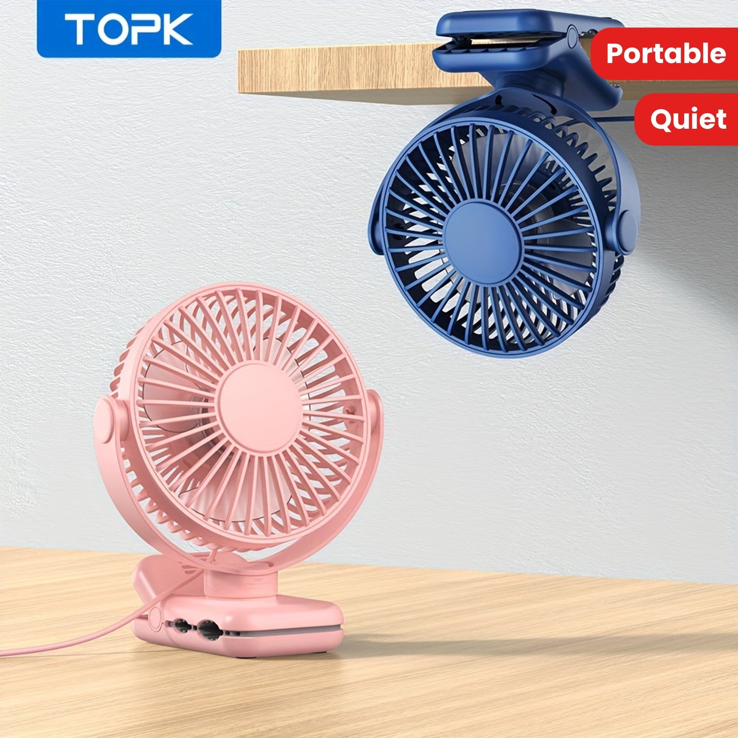 Get your hands on the TOPK K62B Portable USB Clip On Desk Fan, featuring a brushless motor for whisper-quiet and powerful airflow. The strong clamp ensures secure attachment, while the stylish design and high-quality construction make it the perfect mini