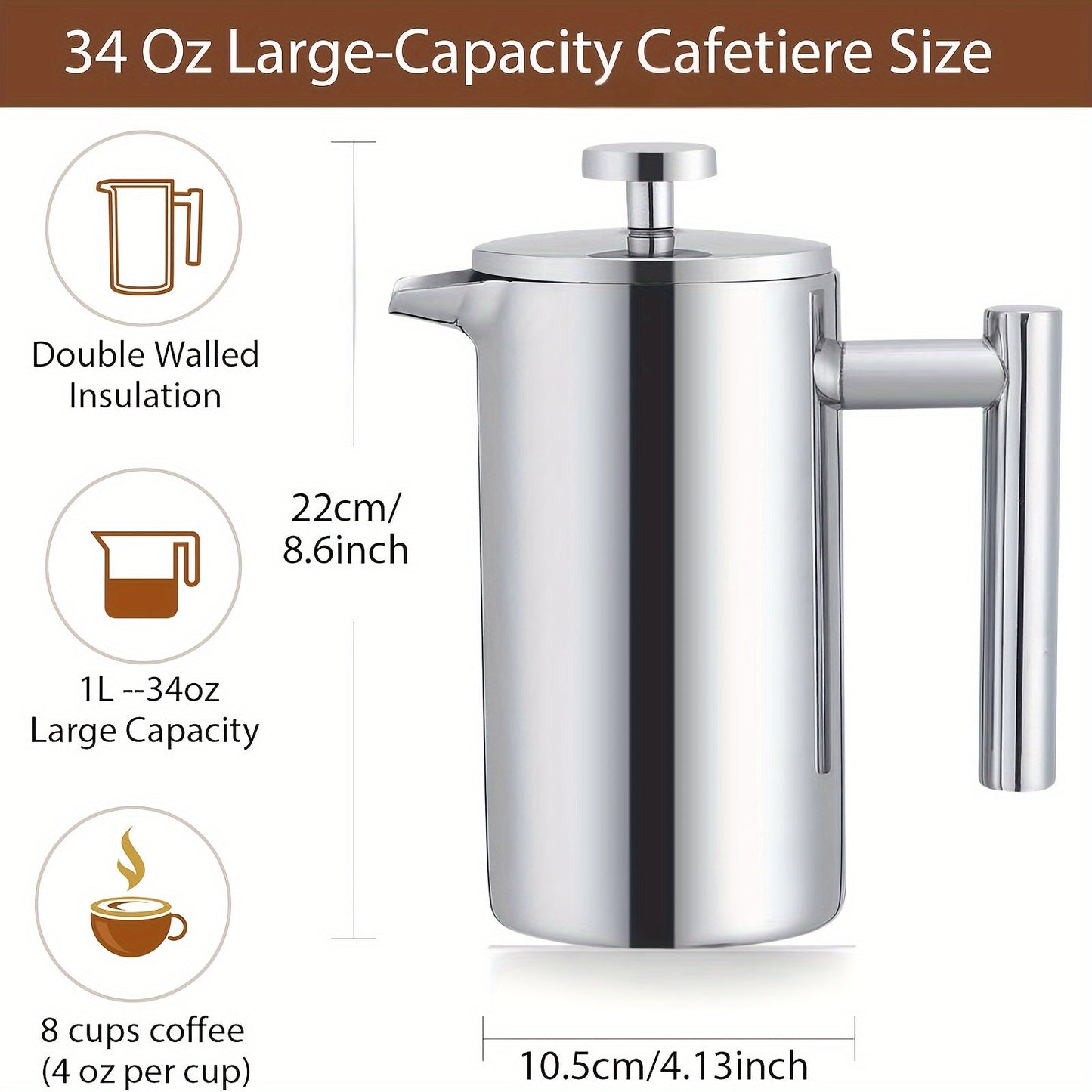 Stainless steel French press coffee pot is durable and ideal for making delicious coffee in the comfort of your home.