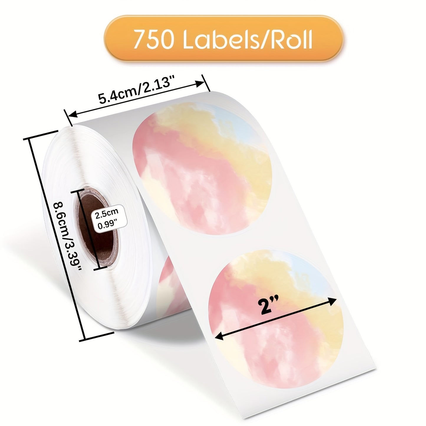 Phomemo 2-Inch Color Round Thermal Labels with adhesive suitable for various uses such as logo design, pricing, and addresses. 750 labels per roll in a gradient color design.