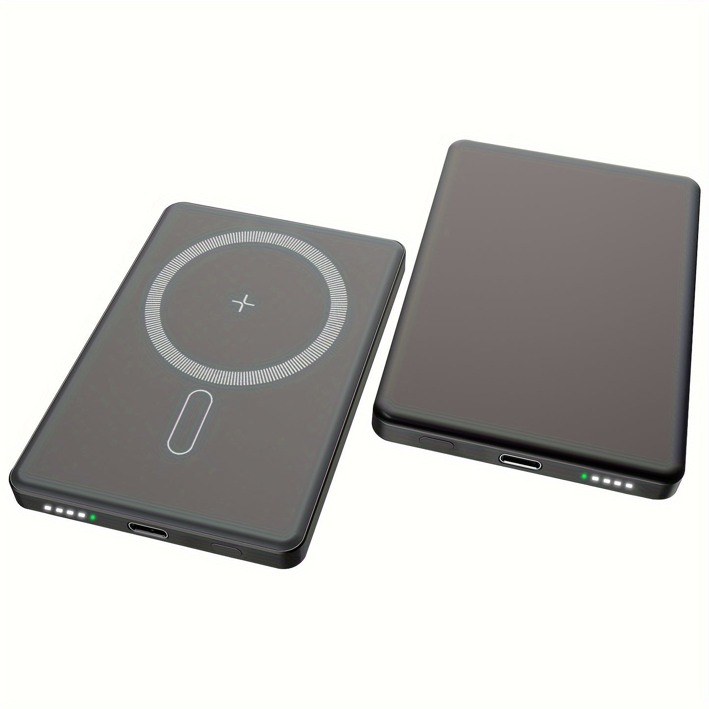 Aluminum wireless power bank with fast charging for iPhone and Android, ideal for travel emergencies.