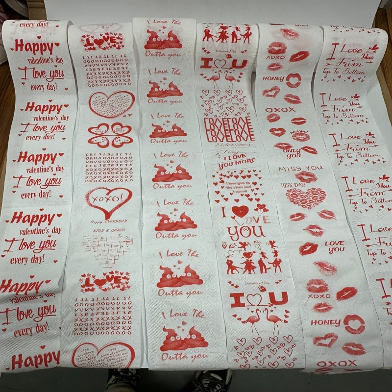 Each pack contains 2 rolls of whimsical and creative printed toilet paper, featuring a fun mix of birthday, wedding, and Valentine's Day themes. There are 6 unique combinations to choose from, including flamingos, XOXO, Cupid, red lips, hot kisses, LOVE