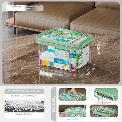 Transparent acrylic medicine organizer with multiple layers for home and emergency pill storage.