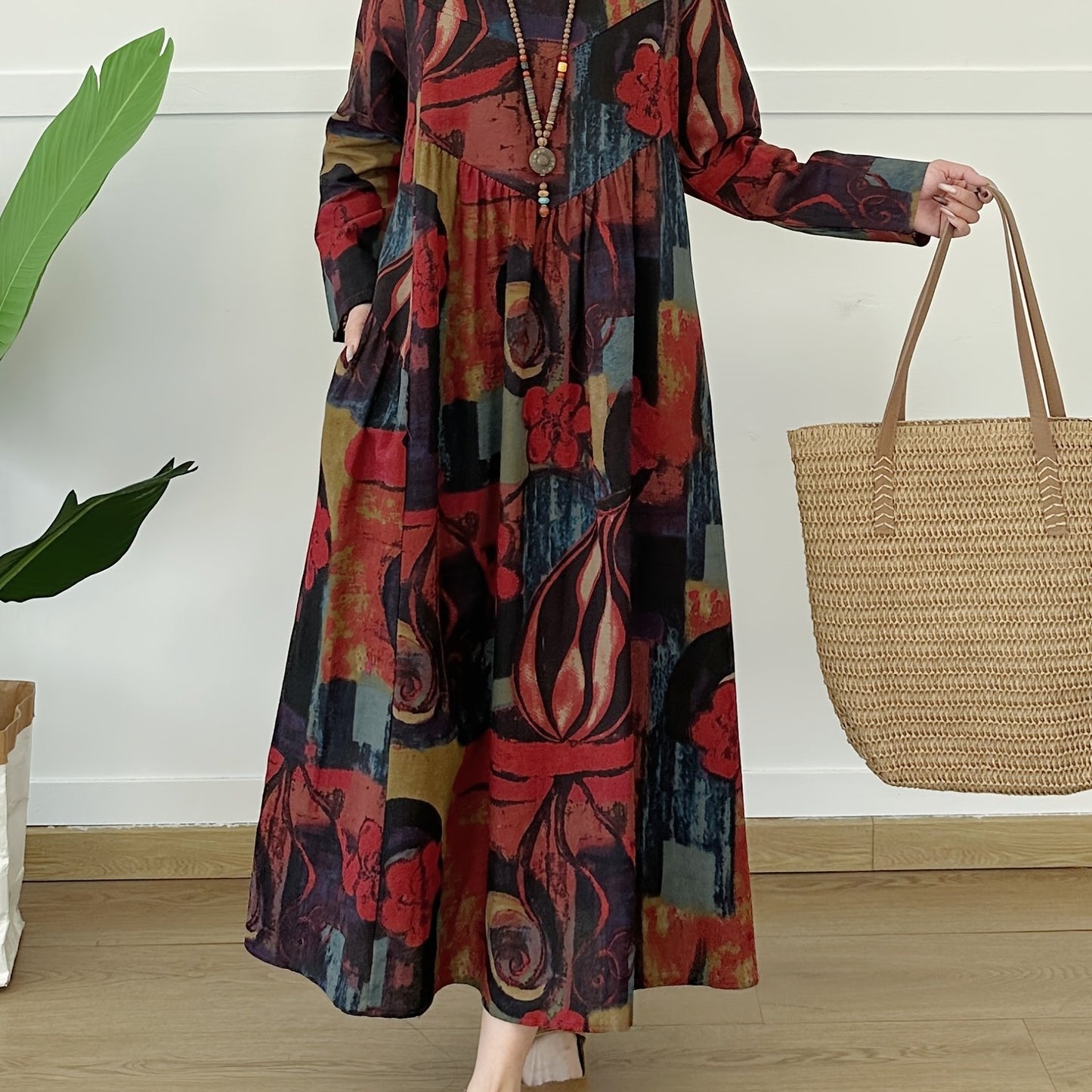 Vintage-inspired linen long sleeve dress with tie-dye print for women, ideal for casual wear throughout the seasons.