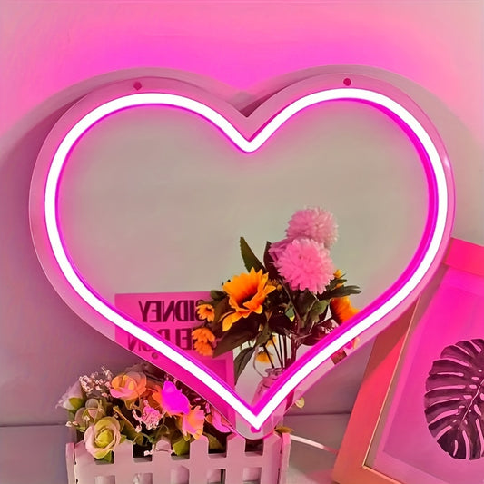 Pink Heart Neon Mirror: Wall-mounted, USB-powered plastic mirror with switch control for versatile use.