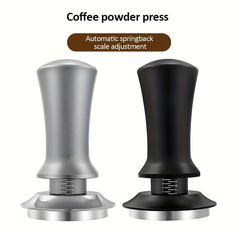 Adjustable pressure coffee tamper made of premium stainless steel, perfect for both espresso and drip coffee. An essential tool for baristas, ensuring constant pressure and even distribution of coffee powder.