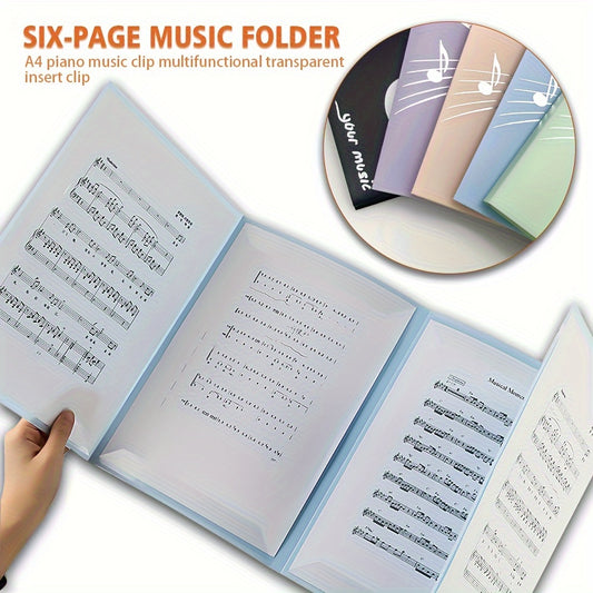 Six-page music score clip for A4 piano music scores, expandable and multifunctional with transparent insertion clip, available in 5 colors. Non-reflective and easy to change scores.