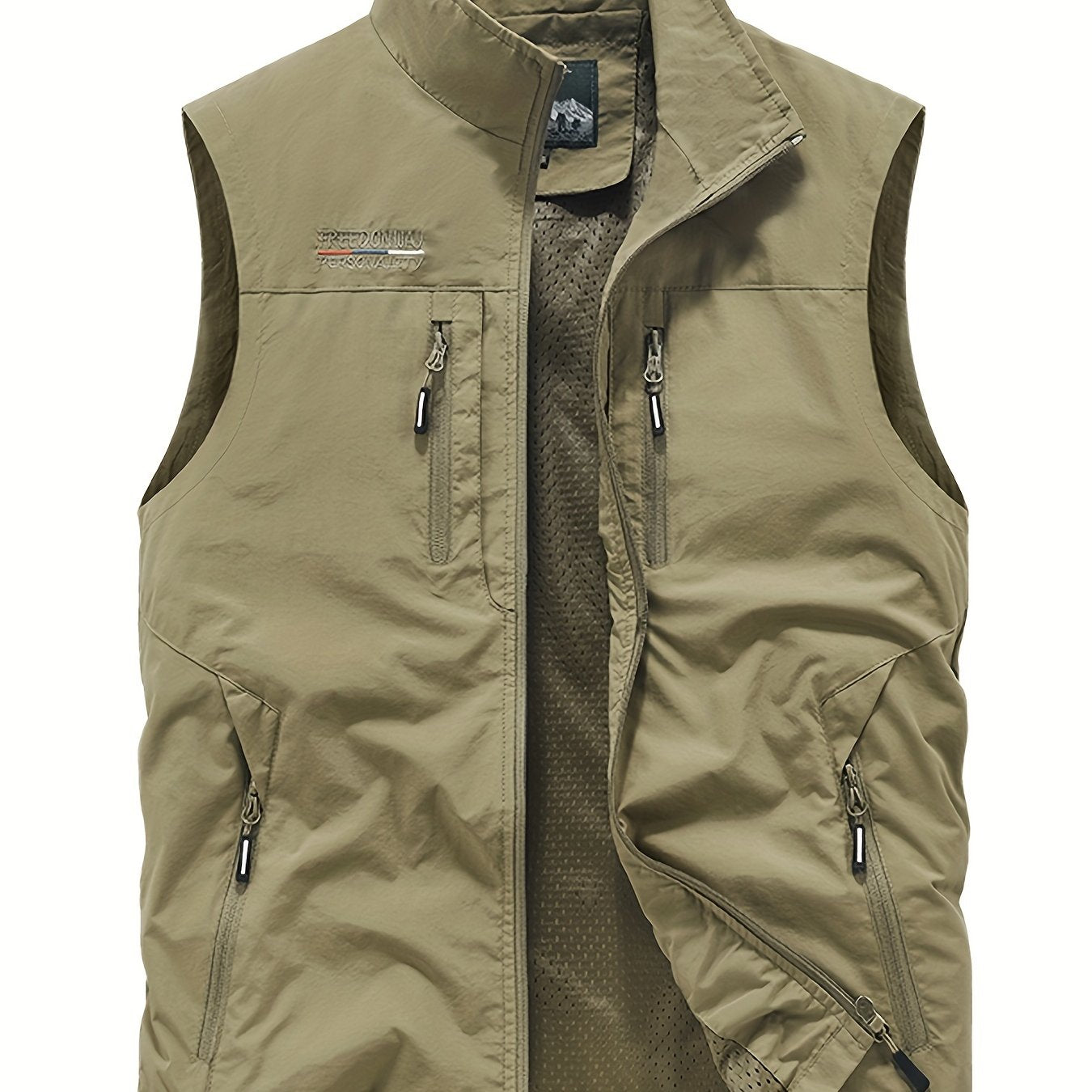 Men's Nylon Fishing Vest with Stand Collar, Multi-Pocket Design, Polyester Lining, Regular Fit