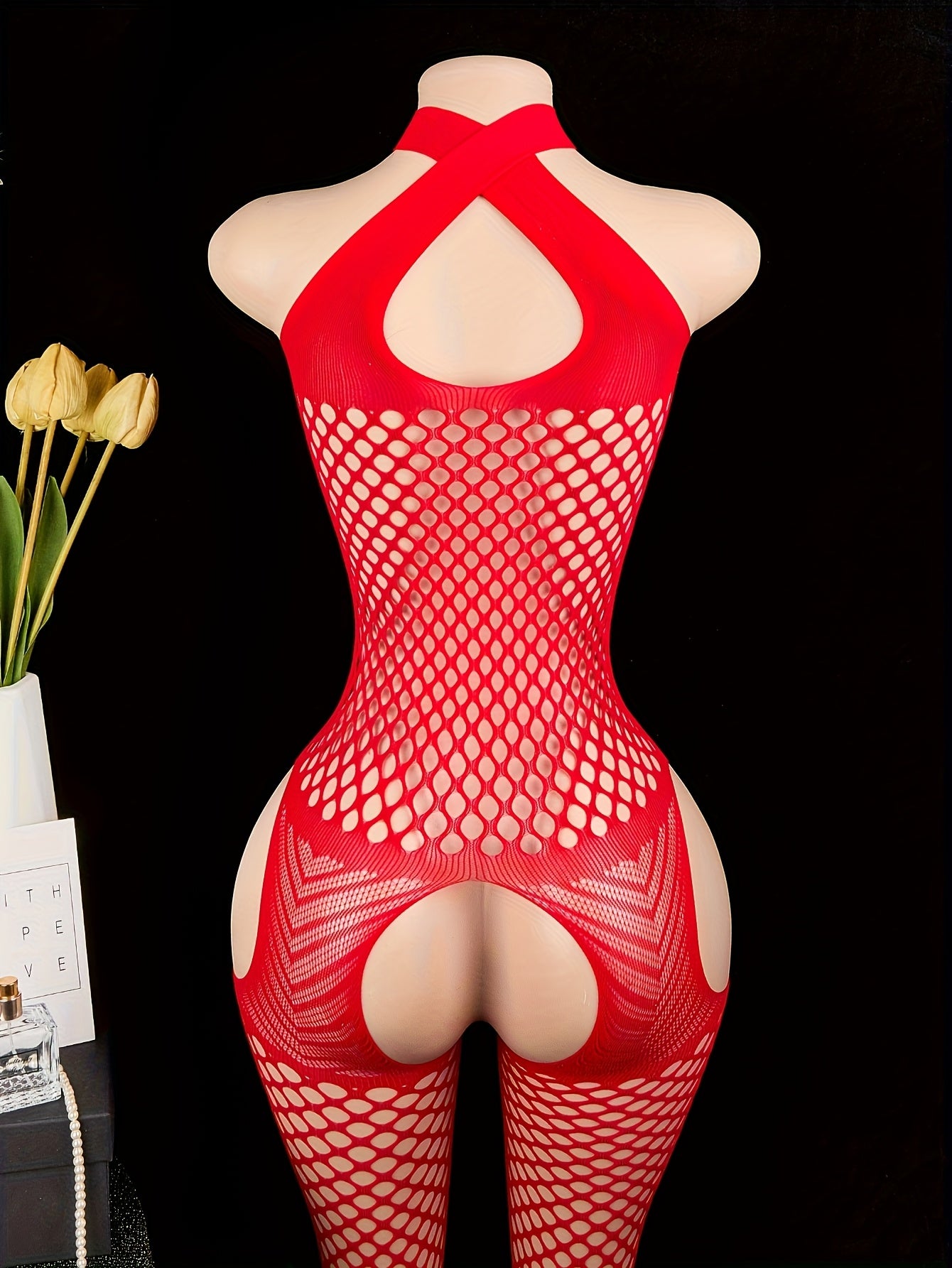 Valentine's Day Red Halter Fishnet Bodysuit with Open Crotch - Sexy Backless Lingerie for Women, Nylon & Elastane Blend, See-through Hollow-Out Design, Neck Strap