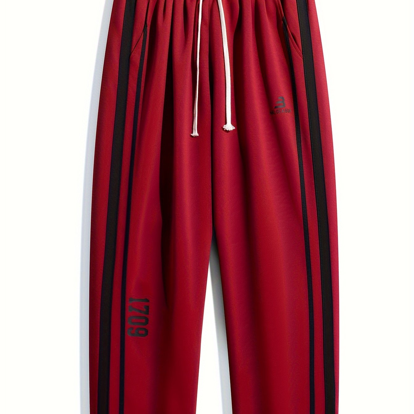 Stretchy geometric patterned track pants for adults, made of a polyester blend with a relaxed fit, suitable for all seasons and available in plus sizes.