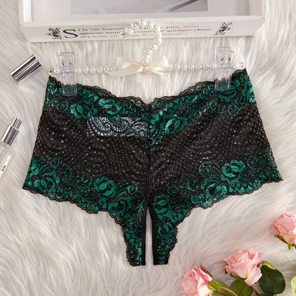 Floral lace panties with open crotch, mid-rise, and semi-sheer design, perfect for sexy lingerie.