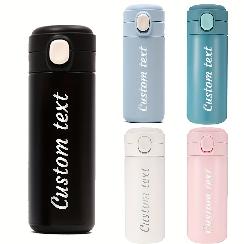 Customized stainless steel water bottle with laser-engraved text, sizes 7-320ml/11-420ml, pop-up lid for easy use, ideal for sports and travel.