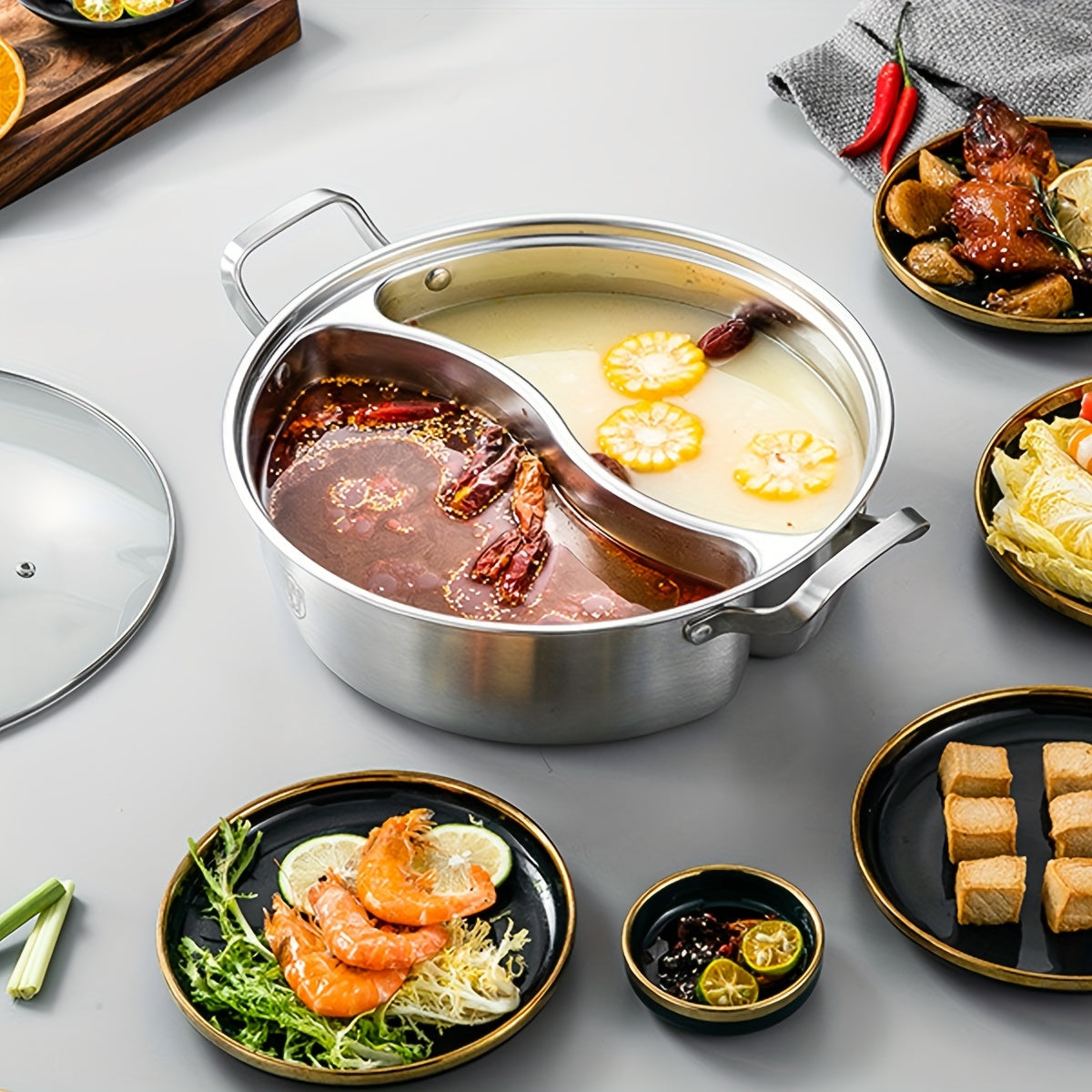 Mandarin Hot Pot with Two Flavors, Made from SUS 316 Antibacterial Stainless Steel, Features Thickened Seamless Construction, Unique Non-Tainting Soup Separation System, Suitable for Gas and Induction Stovetops.