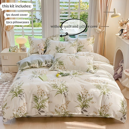 Set of 3 100% Cotton Duvet Cover (1*Duvet Cover + 2*Pillowcase, Without Duvet Insert), Featuring Fresh Botanical Plant Print Bedding. Soft, Comfortable, and Skin-Friendly Duvet Cover Suitable for All Four Seasons. Perfect for Bedroom or Guest Room Use.