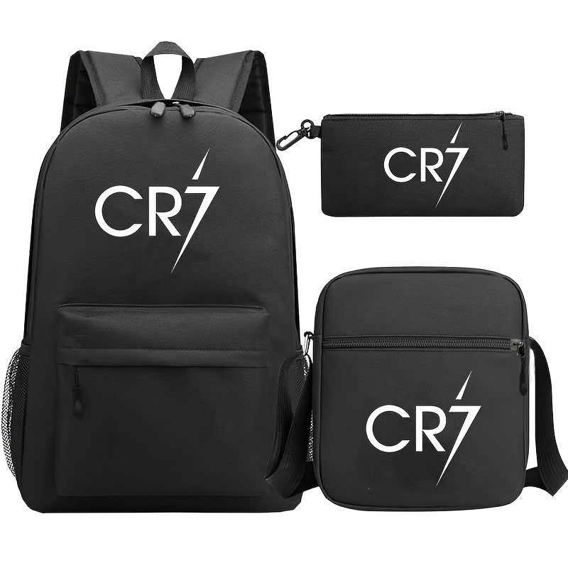 CR7-inspired men's backpack set includes 3 pieces: backpack, crossbody pouch, and pen case. Lightweight and spacious, perfect for school or commuting. Made of durable polyester, hand