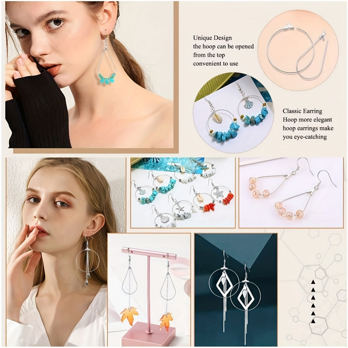 This bundle includes 380 earring making kits, featuring 80 bead hoop earring finding components, 100 hypoallergenic earring hooks, 100 jump rings, and 100 earring backs. It also comes with tear drop round earring bead hoop earring supplies, perfect for