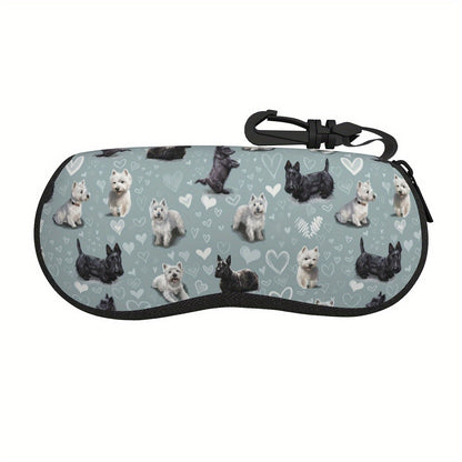 This fashionable neoprene glasses case features a Westies and Scottie Dogs print, along with a matching Scottish Terrier print keychain. It is waterproof, portable, ultra-light and soft, making it perfect for storing reading glasses or sunglasses