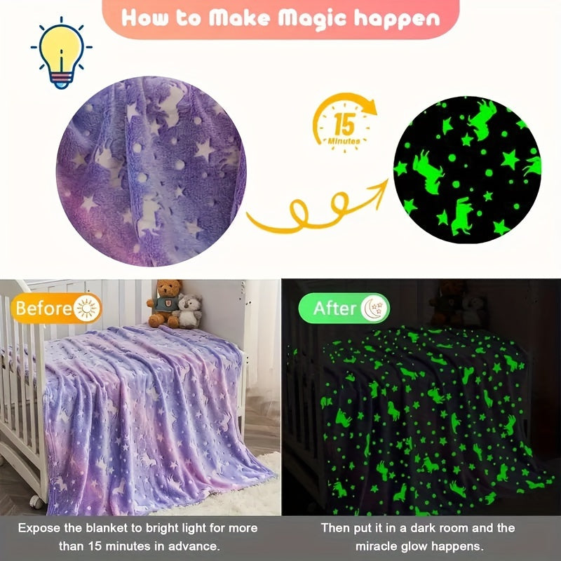 Enchanting Unicorn & Star Pattern Luminous Throw Blanket - Glow-in-the-Dark, Ultra-Soft Plush Flannel Fleece - Perfect for Kids' Rooms, Couch, Bed - Great for Birthdays, Christmas, Halloween, Thanksgiving, Easter - One Piece